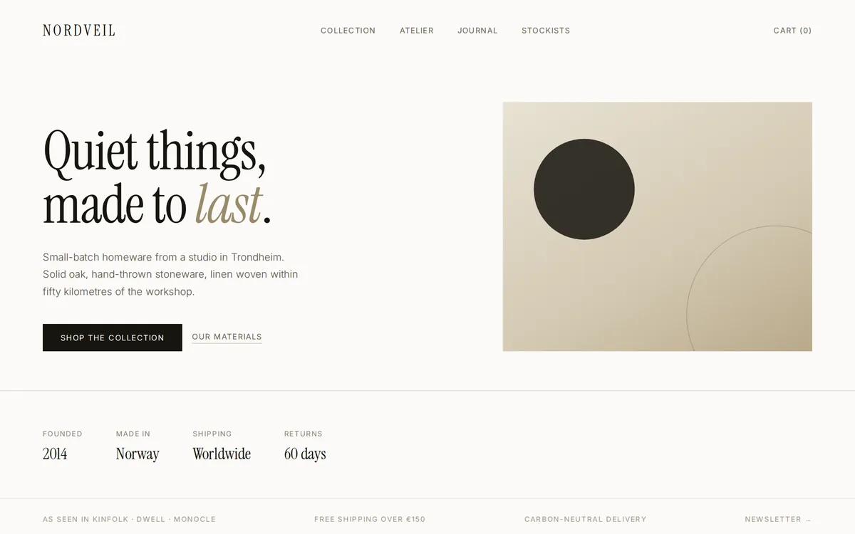 Concept homepage design for Nordveil, editorial style