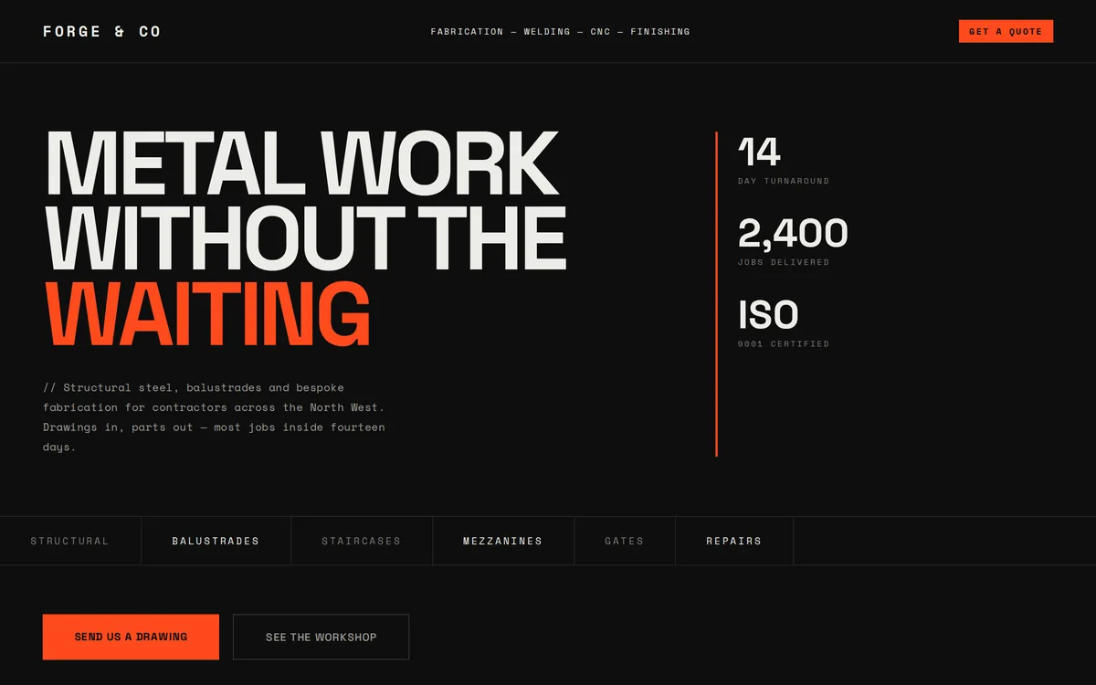 Concept homepage design for Forge & Co, industrial style