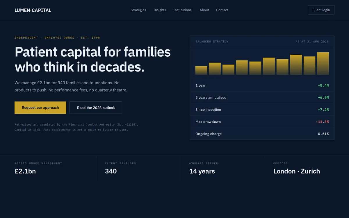 Concept homepage design for Lumen Capital, corporate style