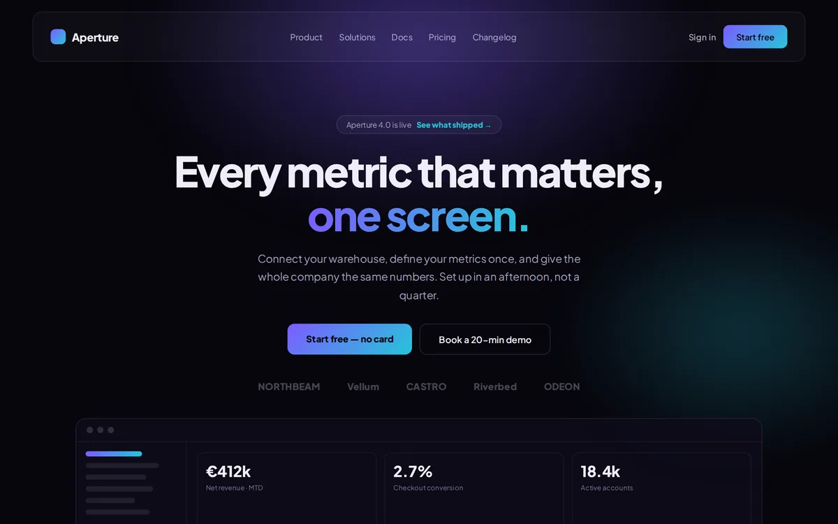 Concept homepage design for Aperture, gradient style